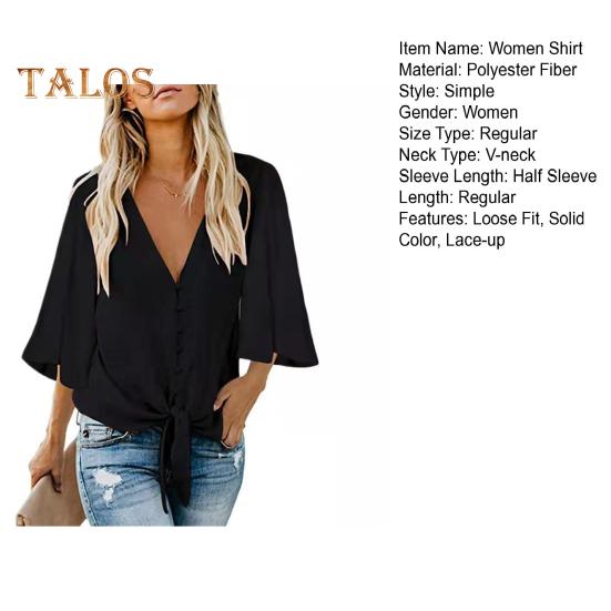 Damska koszula letnia z dekoltem w serek, z rękawem do połowy, zapinana na guziki, wiązana, top, jednolity kolor, luźny krój, styl dojazdowy