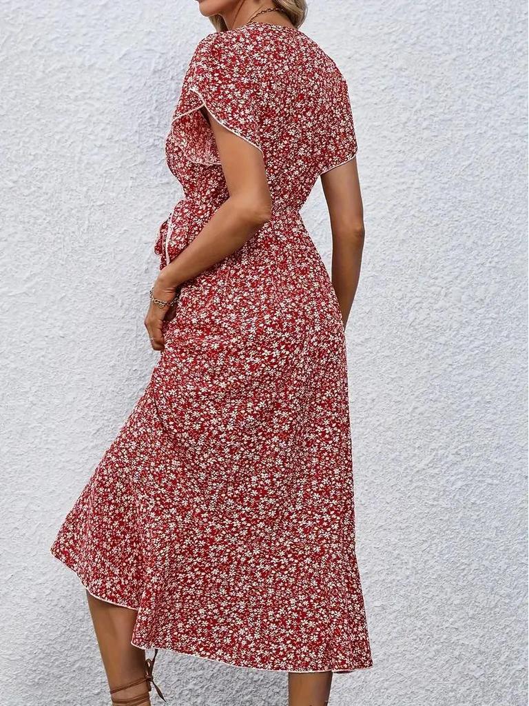 Bohemian V-Neck Belted Wrap Maxi Dress for Women