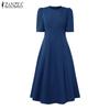 ZANZEA Women Casual Round Neck Summer Puff Half Sleeve Dress