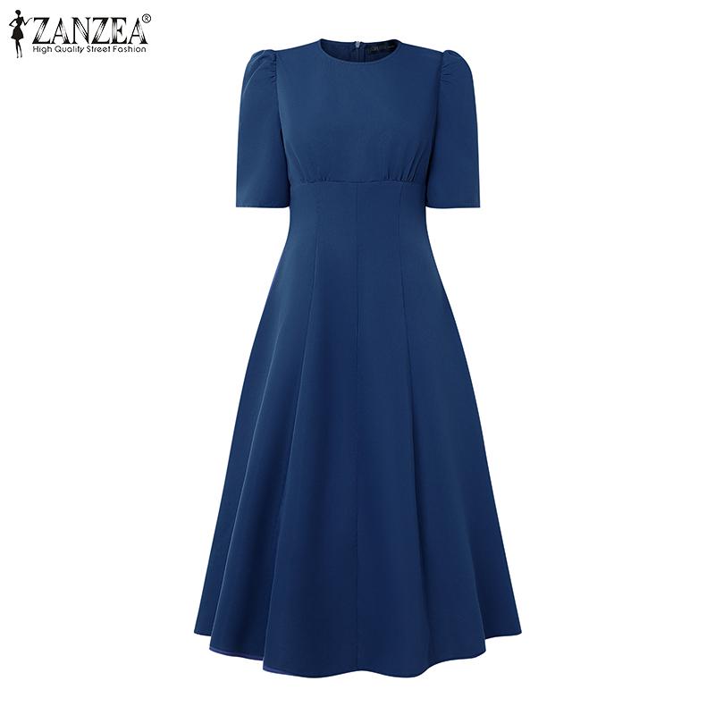 ZANZEA Women Casual Round Neck Summer Puff Half Sleeve Dress