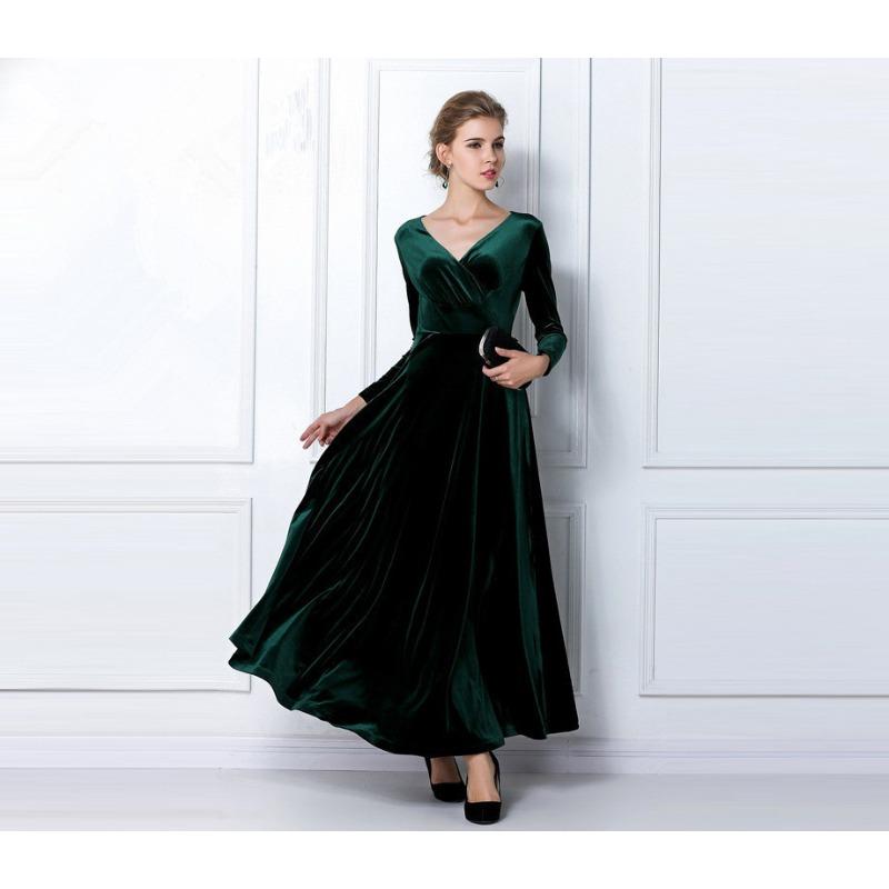 Women's Long Sleeve Velvet Maxi Dress - Elegant V-Neck Autumn Winter Evening Gown