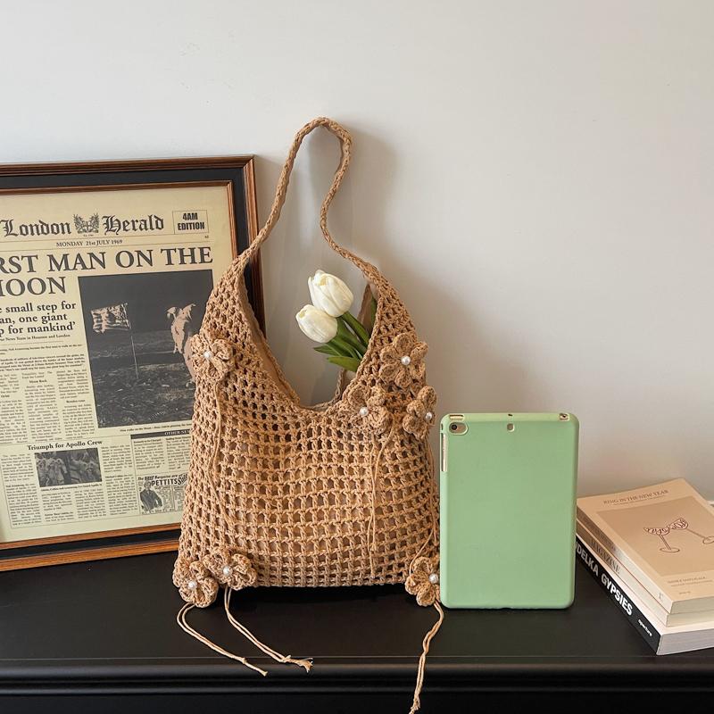 New 3D Flower Woven Sweet Shoulder Bags Boho Handmade Crochet Tote Bag for Women Hollow Out Knit Beach Purse for Summer Vacation