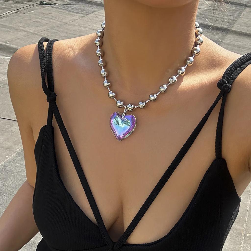 3 Colors Goth Big Love Heart Pendant Necklace for Women Trendy Punk Round Beads Chain Grunge Y2K Jewelry Accessories Steampunk