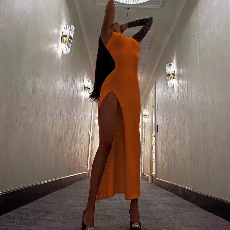 2025 Women's Fashion Round Neck Sleeveless Slim Fit Slit Midi Dress