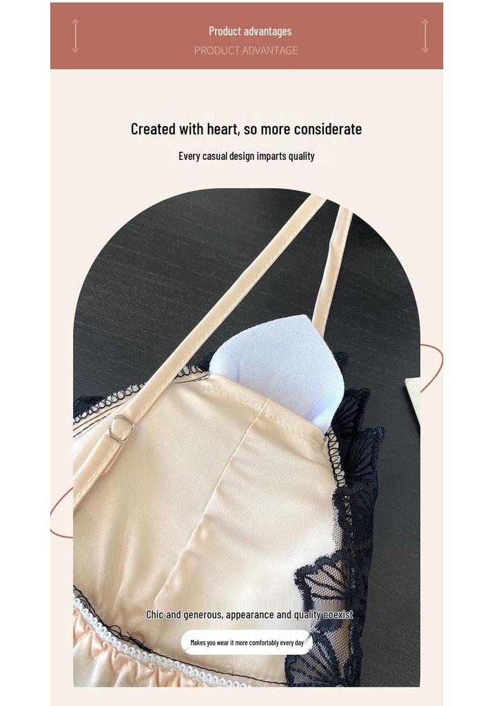 Women's Summer Ice Silk Lace Camisole and Shorts Set with Chest Pads