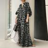 Fashion Printed Maxi Dress Women's Leopard Sundress Spring Puff Sleeve Long Vestidos Female V Neck Robe Oversize