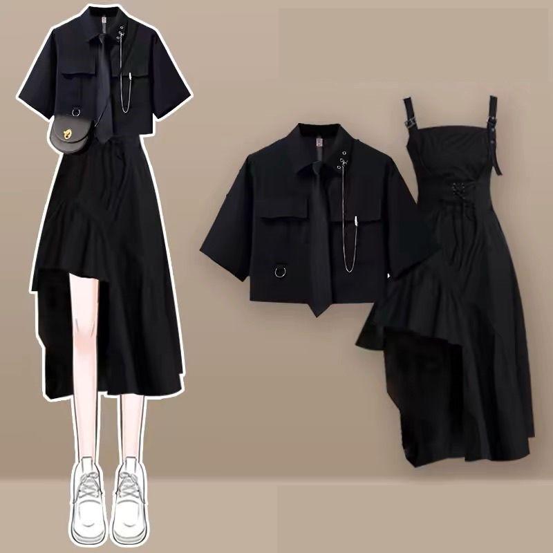 Women's Summer In Fashion Irregular Dress Matching Set Korean Elegant Short Sleeve Shirt+Strap Skirt Two Piece Suit