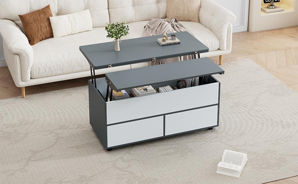 Mesa de centro regulable en altura de 100*98*65 cm con almacenamiento oculto, ruedas y cajones, mesa de comedor multifuncional, empalme gris-blanco