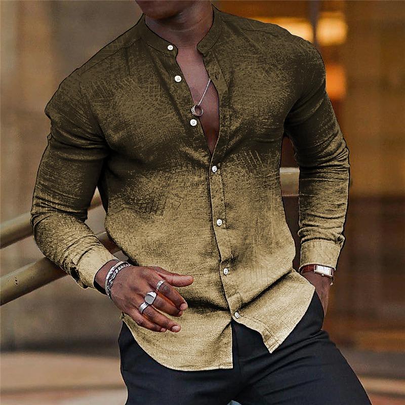 Spring and Autumn Gradient Men's Slim Casual Long Sleeve Stand Collar Turn-Up Shirt