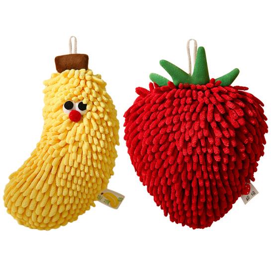 Cute Fruit Hand Towel Fuzzy Strawberry Banana Towel Absorbent Chenille Soft Puff Towel with Hanging Loop