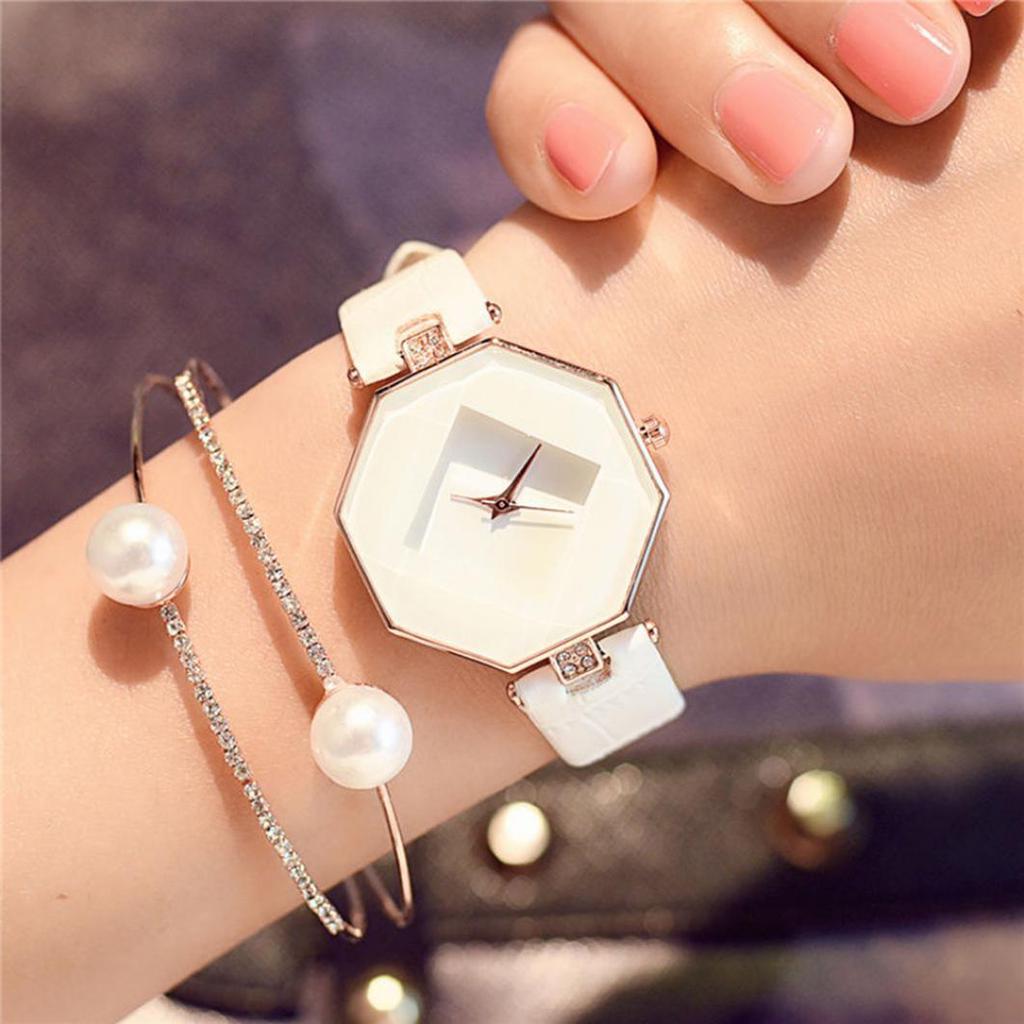 Women 's Faux Leather Band Analog Quartz Rhombic Case Wrist Watch Gift