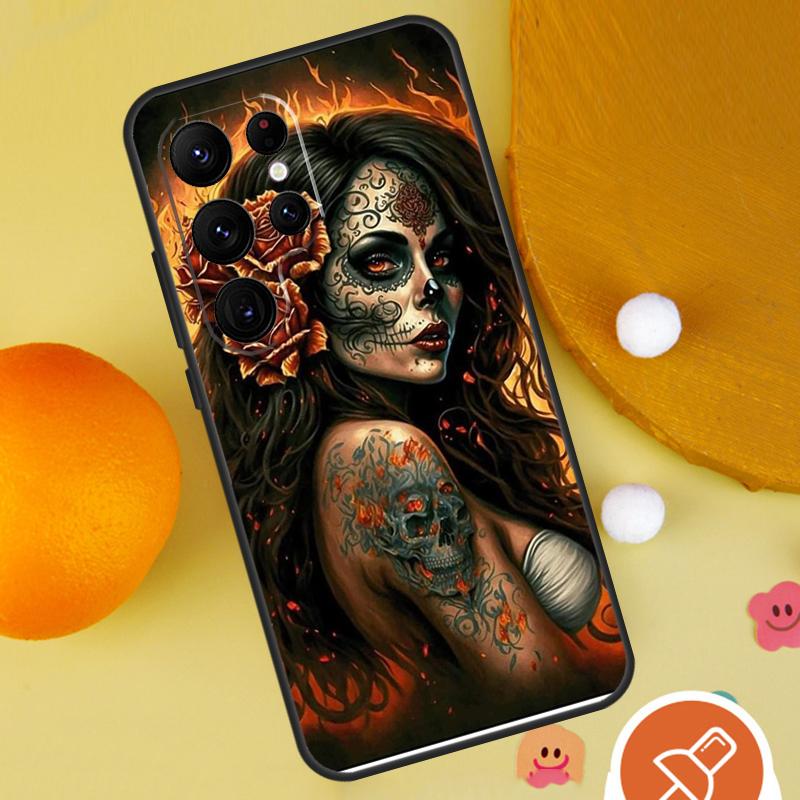 Mexican Skull Girl Tattooed Art Phone Case For Samsung Galaxy S25 Ultra S24 S22 S21 Ultra S9 S10 S20 Plus S23 FE Funda Cover