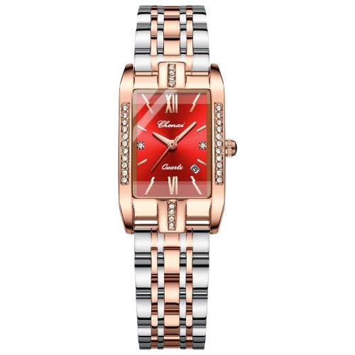 Women's Square Diamond Watch: Dainty Replica Watch with Zirconia, Roman Numerals, Quartz Movement, Calendar, Date Display, Stainless Steel Strap, Red,