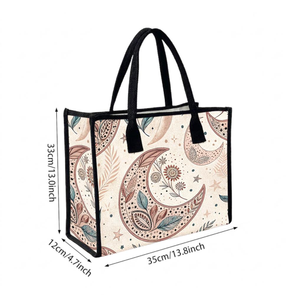 Boho Moon Pattern Tote Bag Fashion Casual Large Capacity Daily Shopping Handbag for Women Portable Lightweight Travel Shoulder Bag