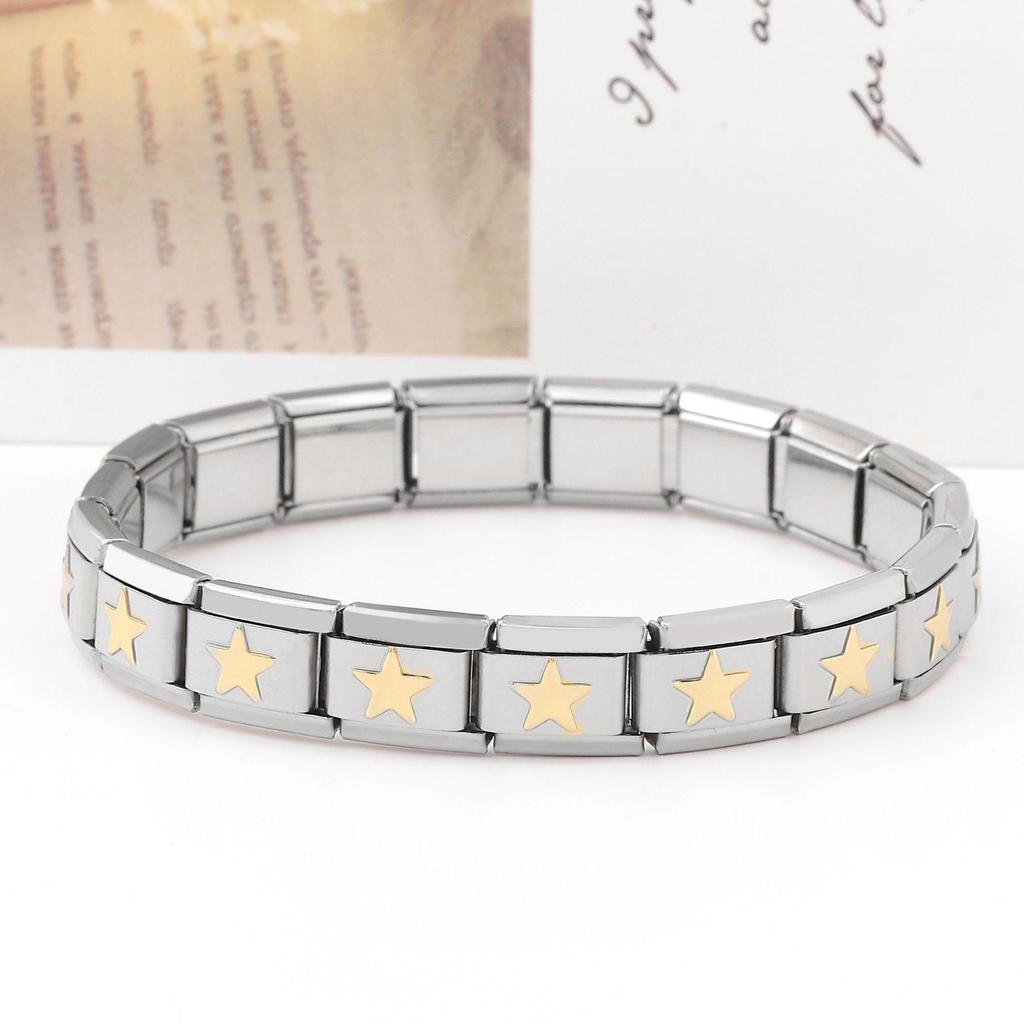 Italian Stainless Steel Love Heart & Star Modular Bracelet - Detachable Elastic Watch Band, European & American Fashion.
