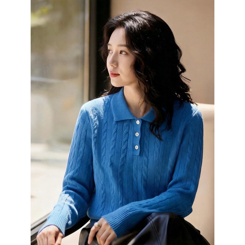 

2026 Autumn/Winter Polo Collar Long Sleeve Cable Knit Sweater – Elegant and Versatile 2XL небесно-голубой