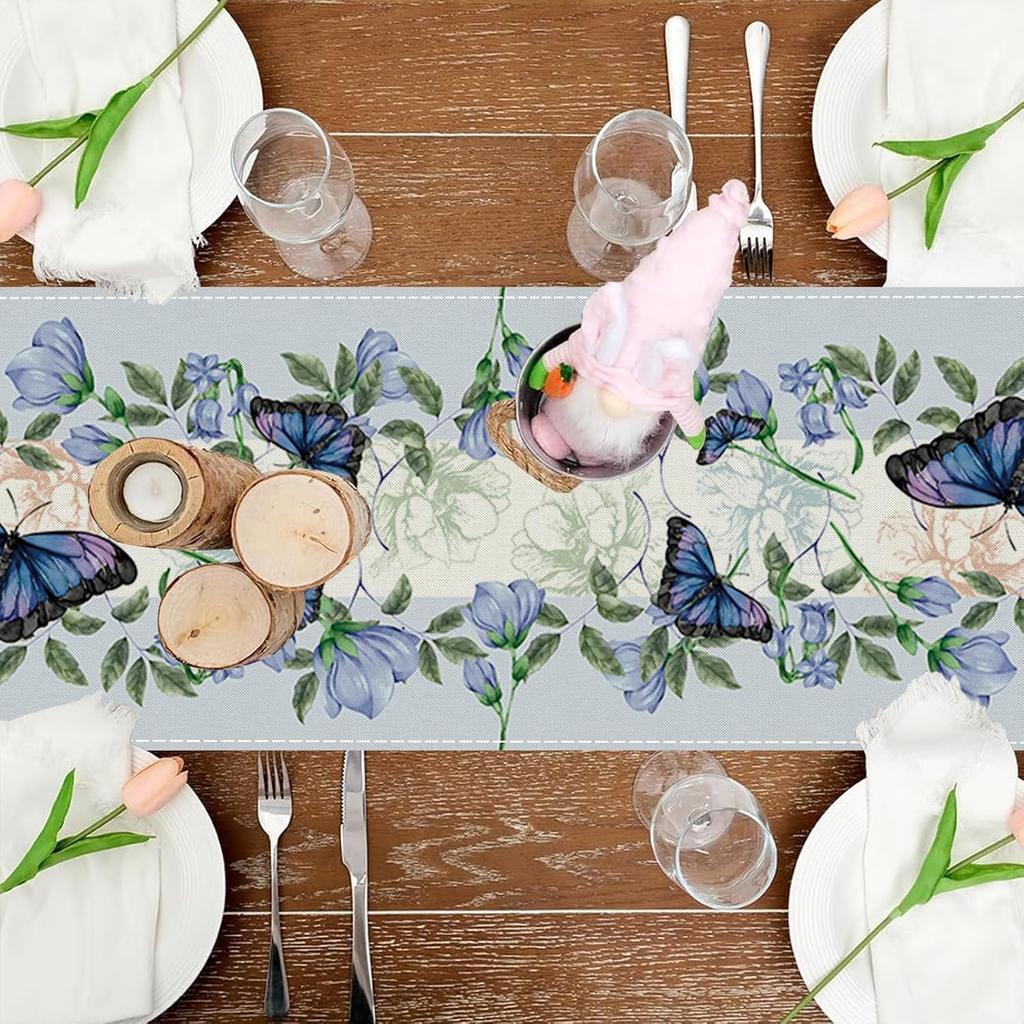 Spring Table Runner Blue Butterfly Flowers Seasonal Home Party Kitchen Dining Table Decoration 13x72 Inch