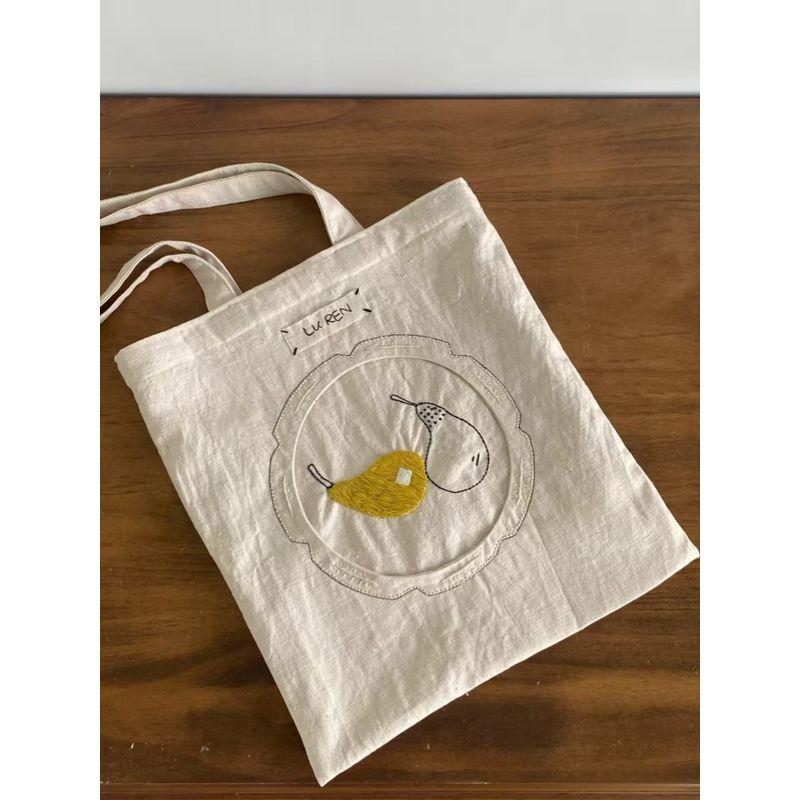 

2025 New Arrival Japanese Style Special-Interest Design Embroidered Canvas Bag Female Large Capacity Shoulder Bag Work Clothing Satchel Tote Bag Beige White