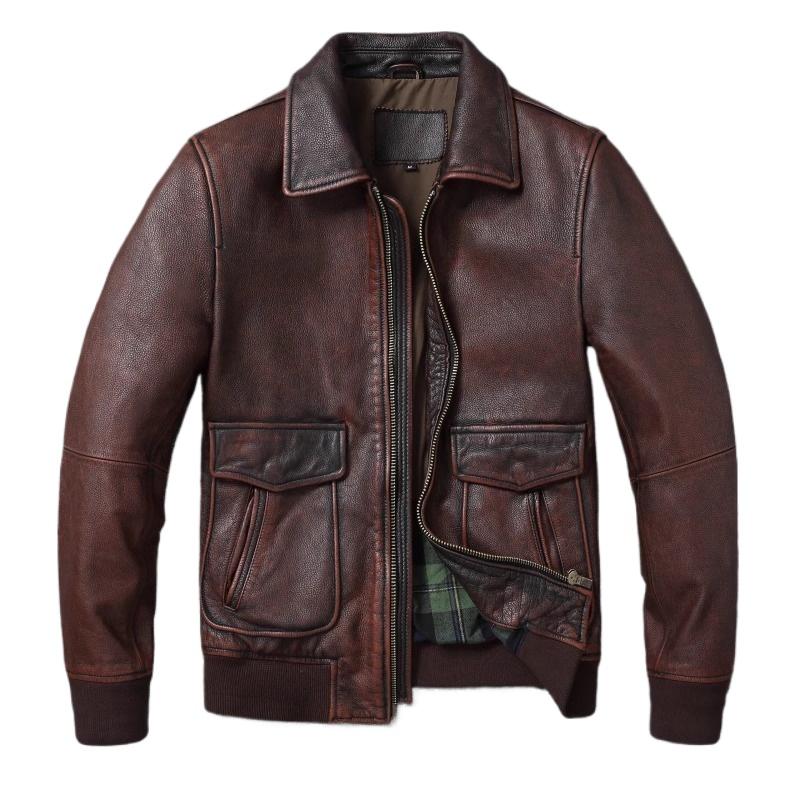 

Китайский размер Vintage Red-Browm Flight A2 Мужская натуральная кожаная куртка Light Covered First Layer Cowhed Мужские куртки Осень и зима Пилот кожаная куртка XXL тёмно-рыжий