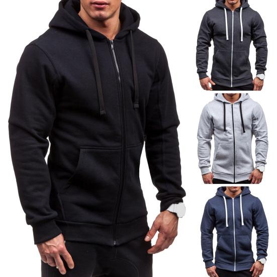 Men Hoodie Hooded Cardigan Zip Up Trendy Warm Pure Color Autumn Coat for Daily Wear