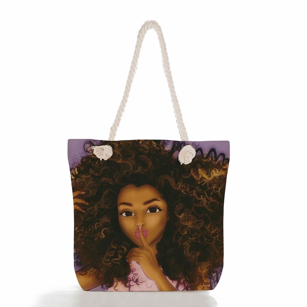 Multifunctional Black Girl Printed Thick Rope Shoulder Beach Bag Casual Large Capacity Handbag 0105