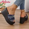 Fashion Aphixta 3.54 Inch Platform Women's Slides Denim Cotton Fabrics Shoes Slippers Jean Wedge Heel Beach Plus Size 42 43