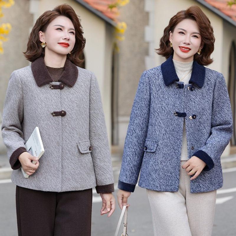 Winter Plush and Thickened Woolen Coat Medium Old Mother Outfit Simple and Versatile Loose Lapel Woolen Top Cardigan
