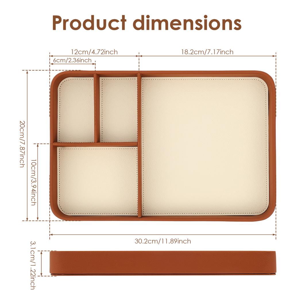 4-Compartment Storage Tray Stylish PU Leather Tray Multipurpose Bedside Desk Holder Decorative Entryway Tray for Phone Key Watch