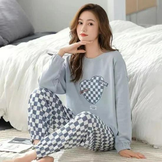 Women's Korean Smiley Face Cartoon Pajamas Set – Long-Sleeved Pullover & Trousers for Autumn/Winter