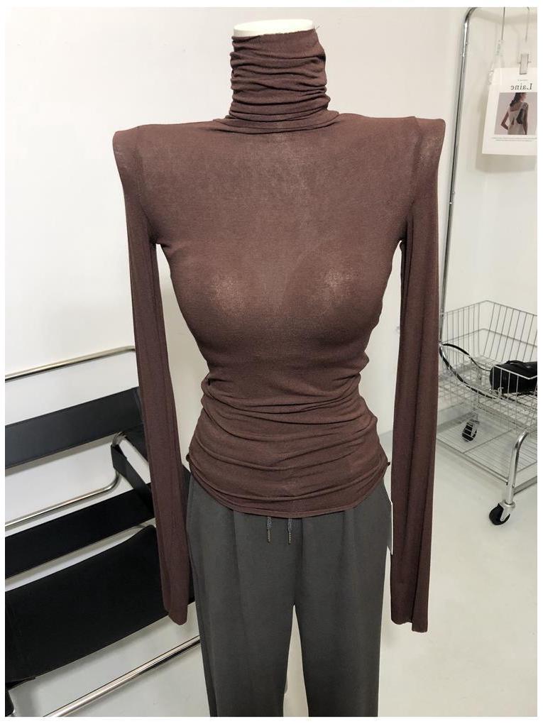 

Hao Goods Абсолютно потрясающий тонкий мягкий топ с высоким воротом, прозрачный, с длинным рукавом и драпированным воротом, базовый слой One Size