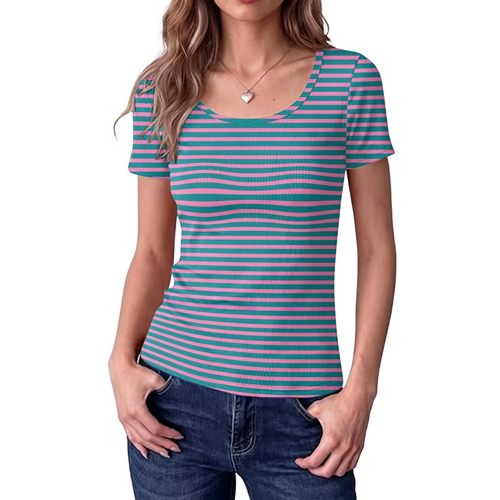 Women's Slim Fit Short Sleeve Top Square Neckline Stretchy Ribbed Knit Casual Blouse Lightweight Soft Fabric Comfortable Fit