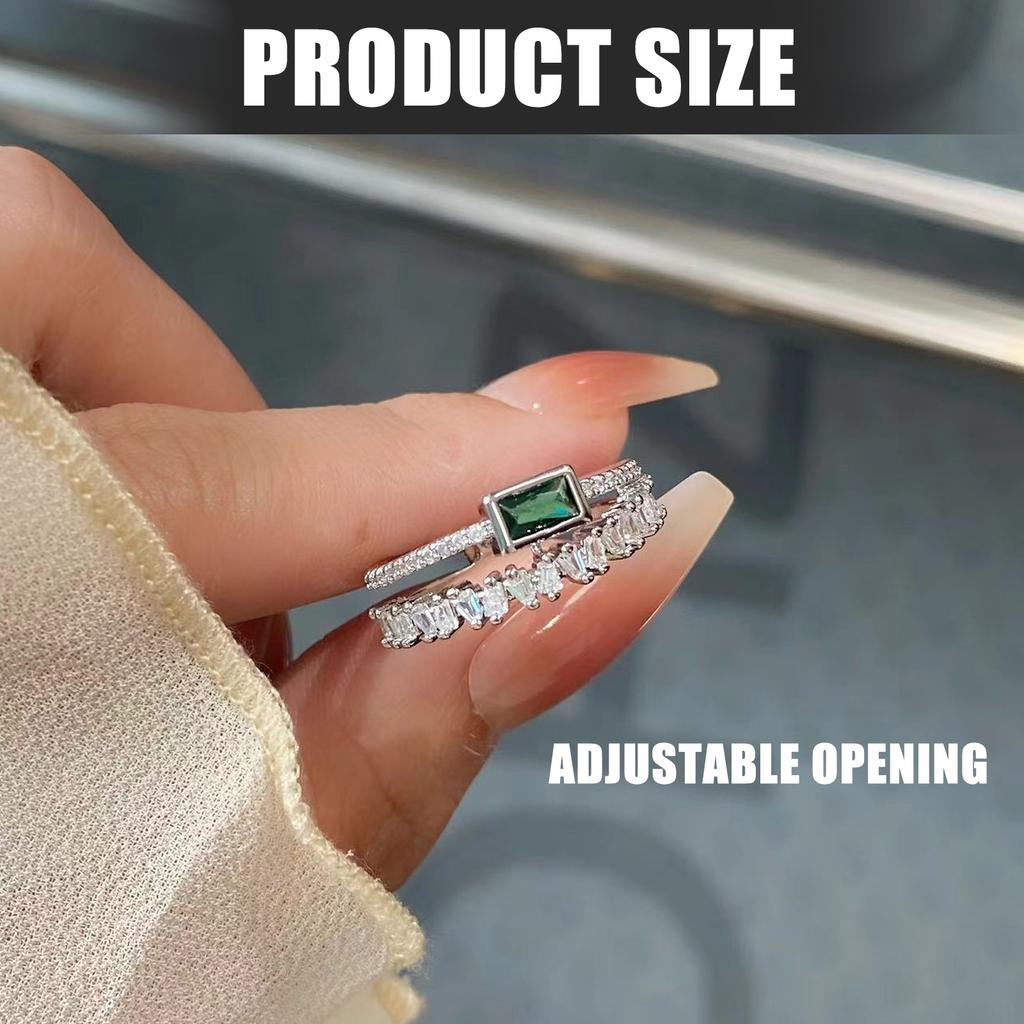 Fashionable Emerald Green Crystal Double Layer Ring Adjustable Opening Ring Copper Crafted Jewelry For Her