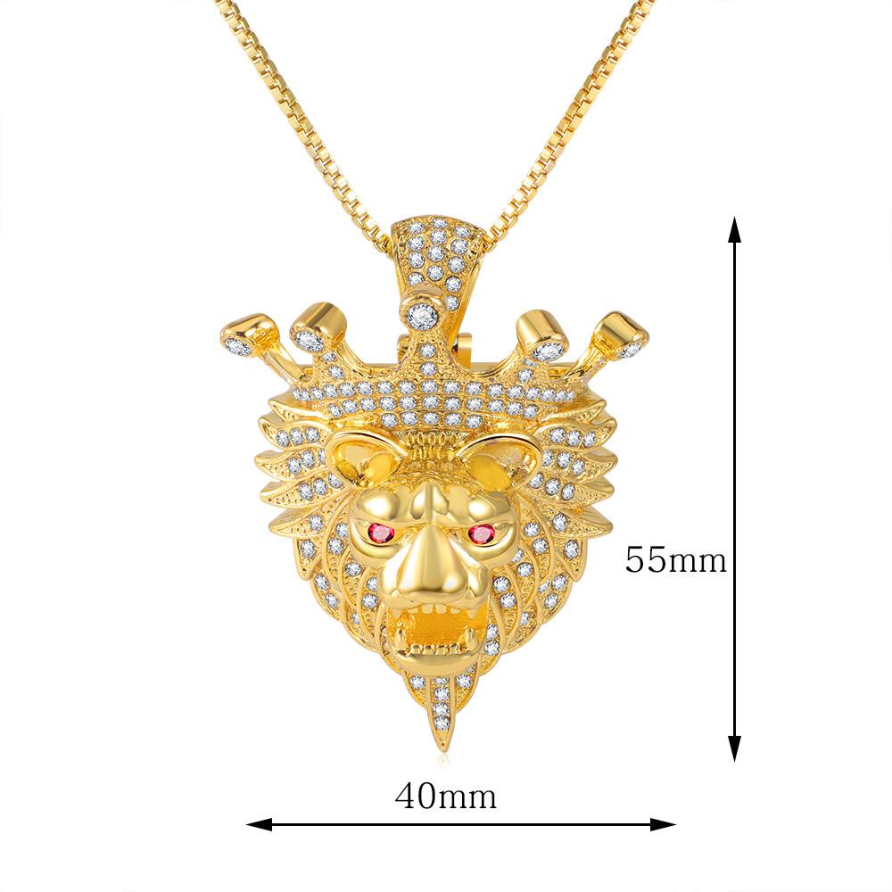 Men 14k Gold Plated Lion Head Crown Pendant Necklace Hip Hop Jewelry Male Gift