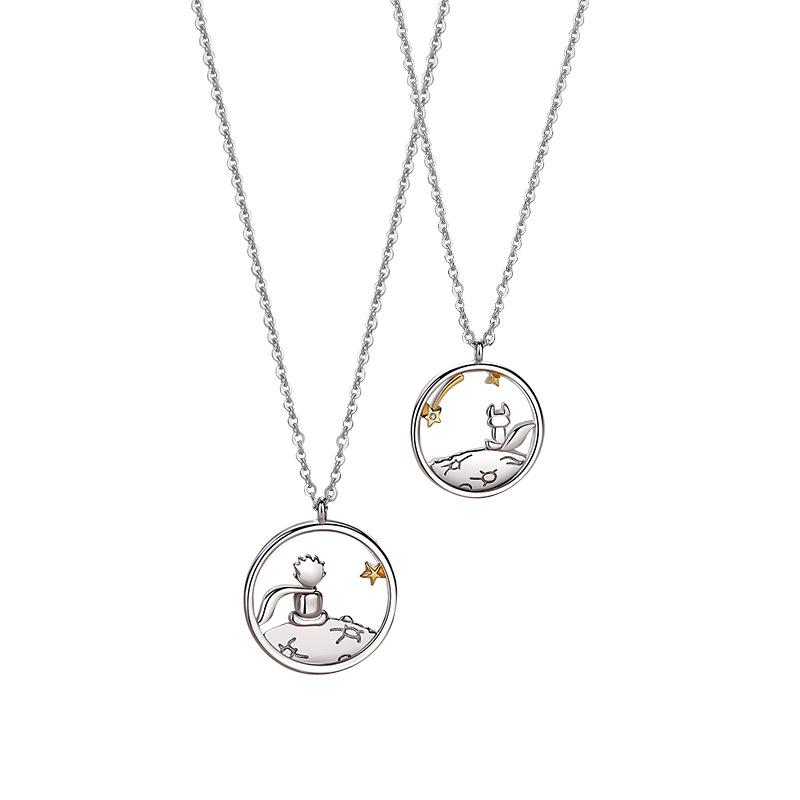 2pcs Couple'S Best Friend Little Prince Necklace, Cartoon Hollow Circular Pendant, Fashionable Chain Fox Temperament Accessory