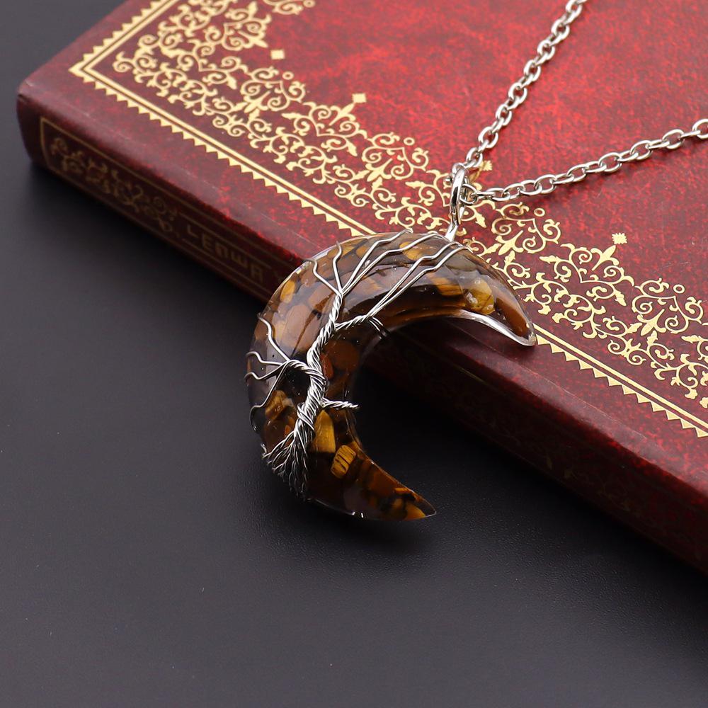 Chakela Crescent Moon Tree of Life Necklace with Natural Crystal Stones