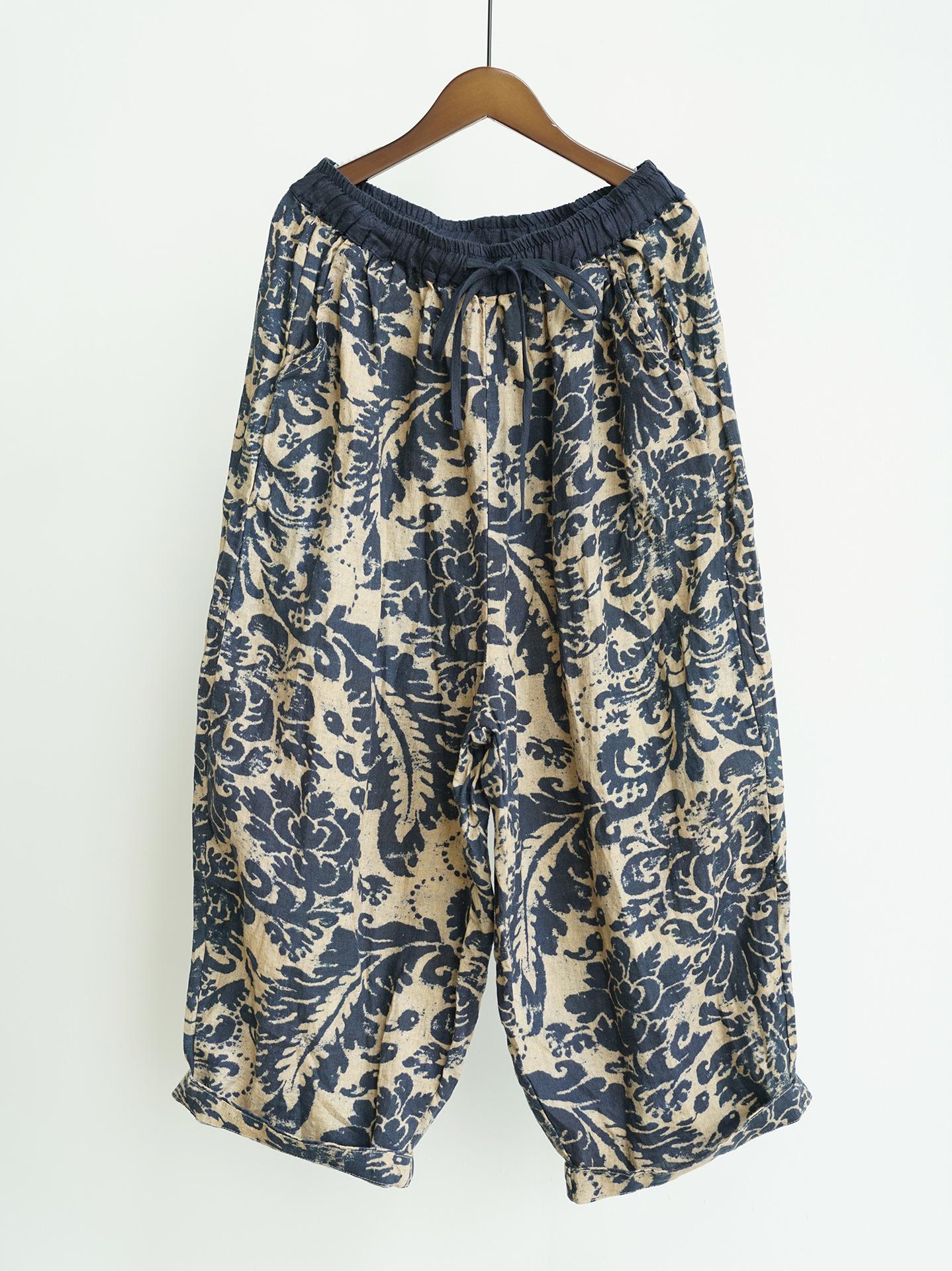 

Johnature Women Vintage Print Floral Straight Pants Elastic Waist Spring Loose Pockets Linen Chinese Style Pants One Size