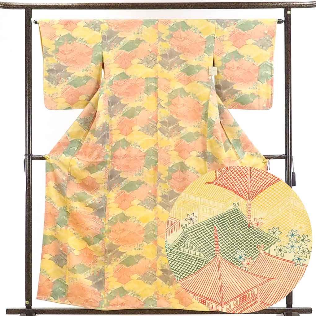 Small pattern recycled kimono, Length 159cm, Sleeve 63cm, Front width 22cm, Back width 28cm, Sleeve length 50cm, Pure silk (silk), Ladies,