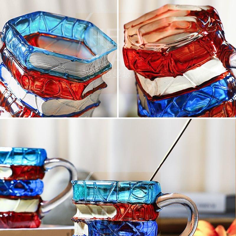 Colorful Stacked Books Shaped Glass Mug, Hand-Painted Stained Glass Style Coffee Cup