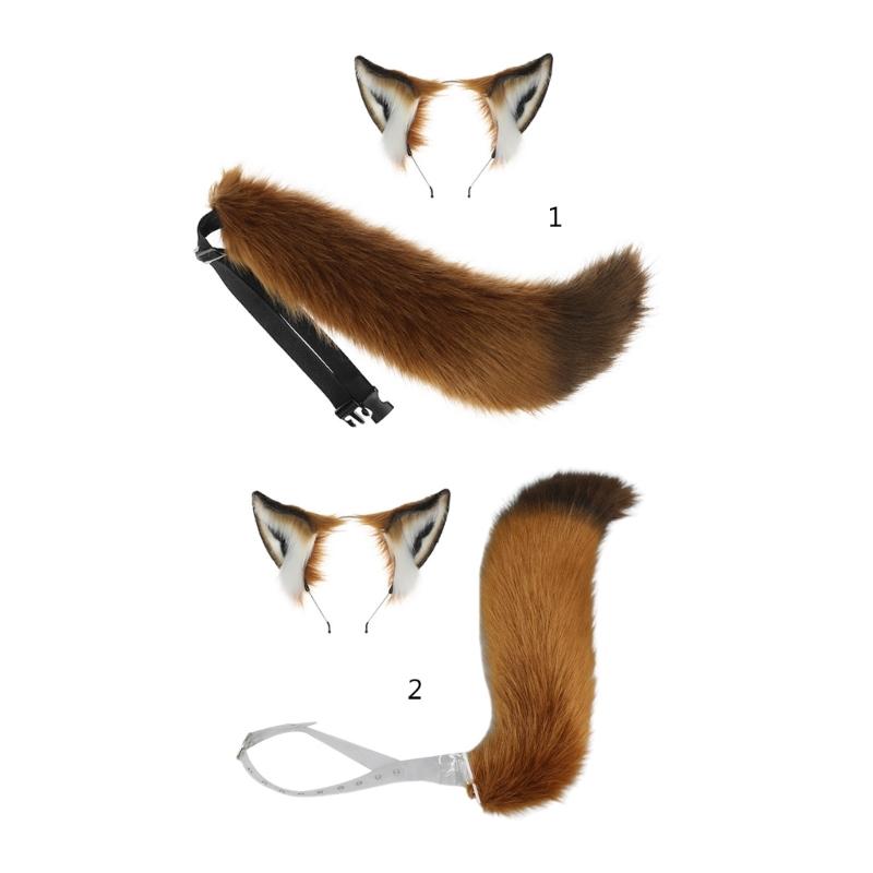 Fox Ears and Tail Set Furry Fox Ears Headband with Tail Halloween Cosplay Party Fox Costume Accessories for Kids-Adults