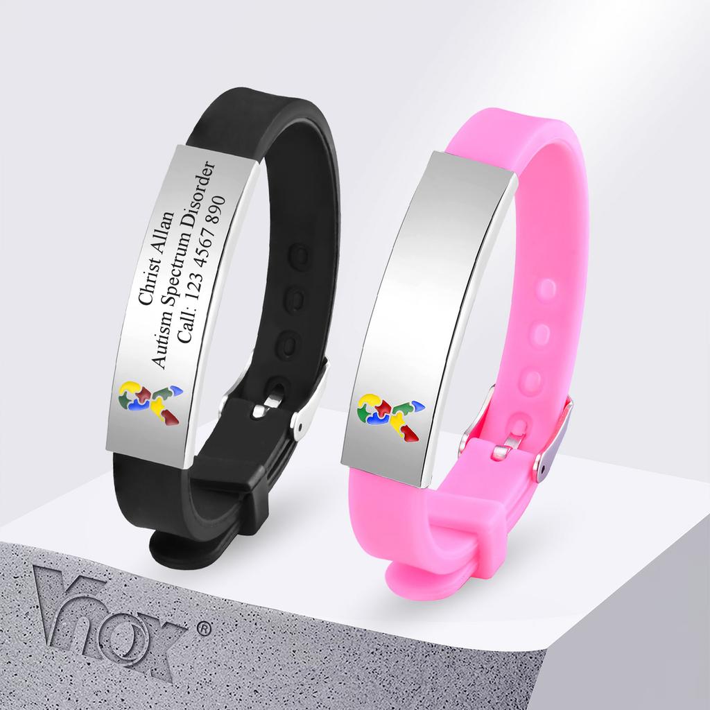 Vnox Free Personalized Autism ID Bracelets for Teens Girls Boys, Colored Puzzle Soft Silicone Bracelets, Cutom Contact Name ICE