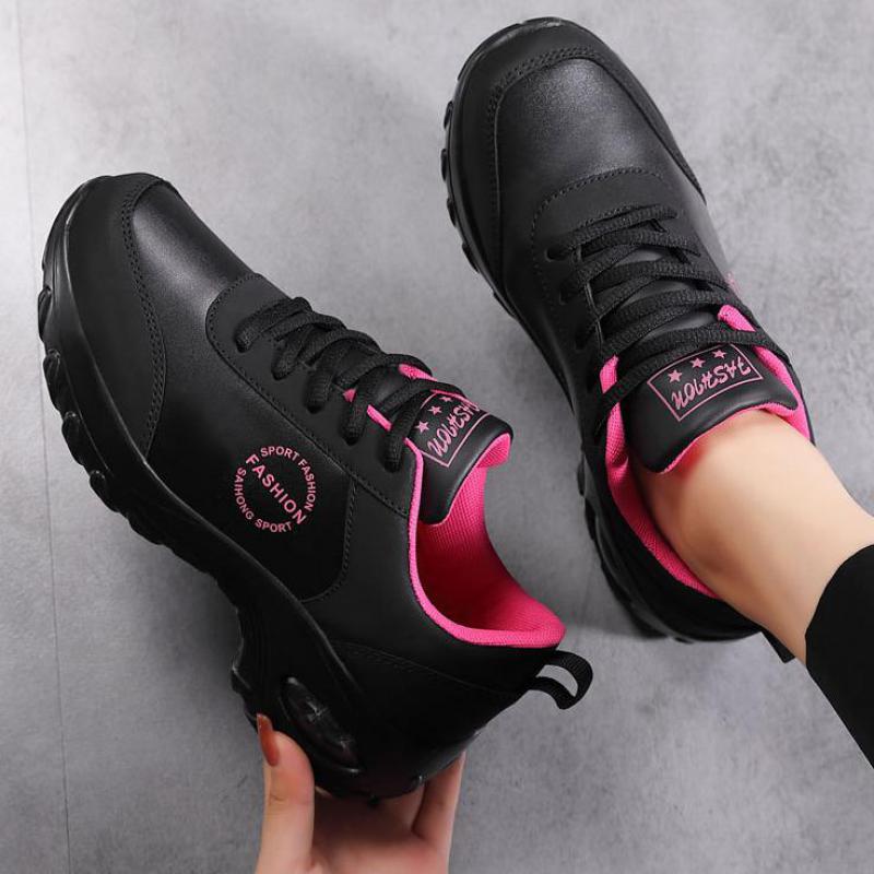 Fashion Winter Women's Leather Sneakers Black Wedge Thick Sole Platform Sneakers Women Air Cushioned Autumn Lightweight Sports Shoes