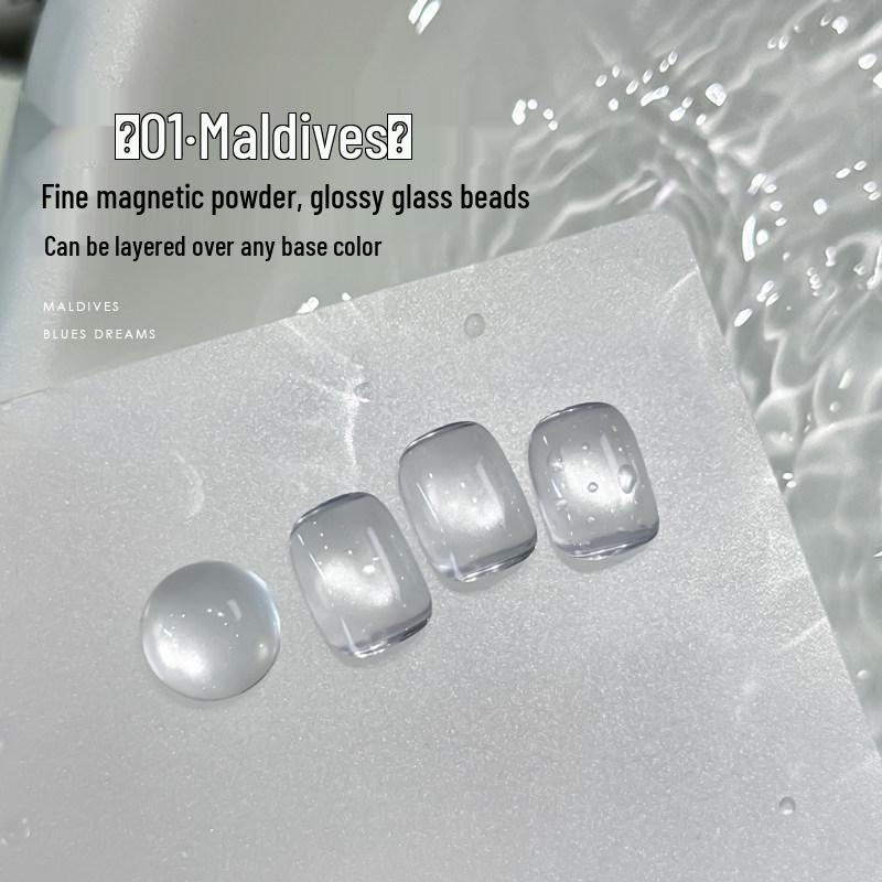 ROLITA Maldives Cat Eye Gel Polish Set - Super Sparkle Blue Pedicure Kit with Transparent Glass Beads.