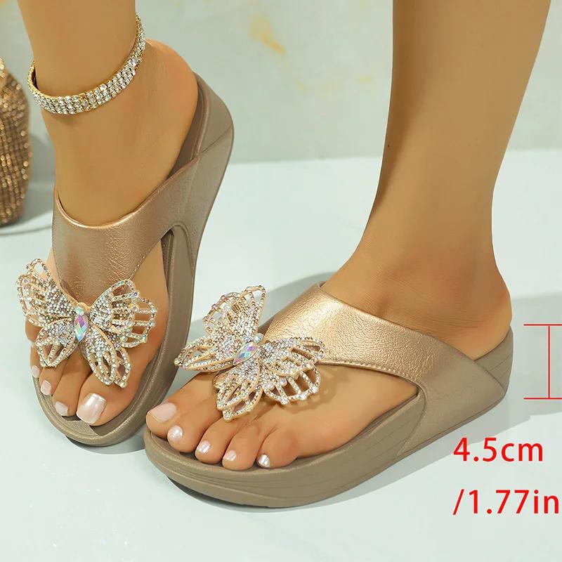 Butterfly Decor Flat Sandals for Women Shiny Crystal Clip Toe Chunky Platform Slippers 2025 Plus Size Thick Sole Non Slip Shoes