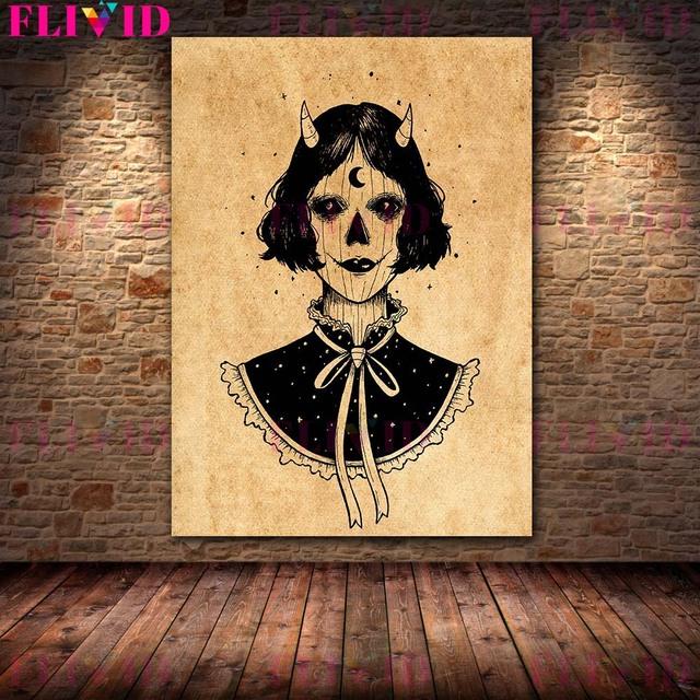 Strawberry Ghost and Scary Girl Retro Wall Art Oil Painting Scary Little Witch Portrait Art Poster