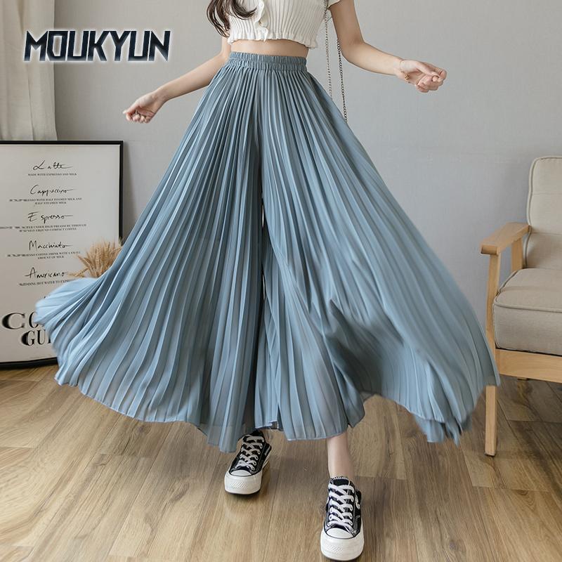 Korean Spring Summer Women Wide Leg Pants High Waist Blue Purple Black Gray Brown Loose Pleated Chiffon Capris