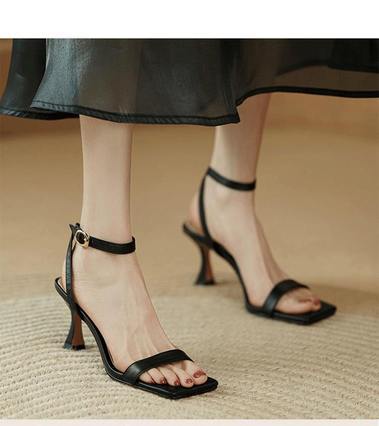 Sandals Women's 2025 New Summer Korean Version French Black Rear Empty Square Head One-word Buckle Strap High Heels Women's Stiletto