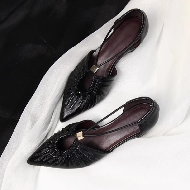 Fashion Summer Temperament Single Shoes Fashion Pointed Toe Hollow Pleated Wear Light Luxury Shallow Soft-soled Sandals