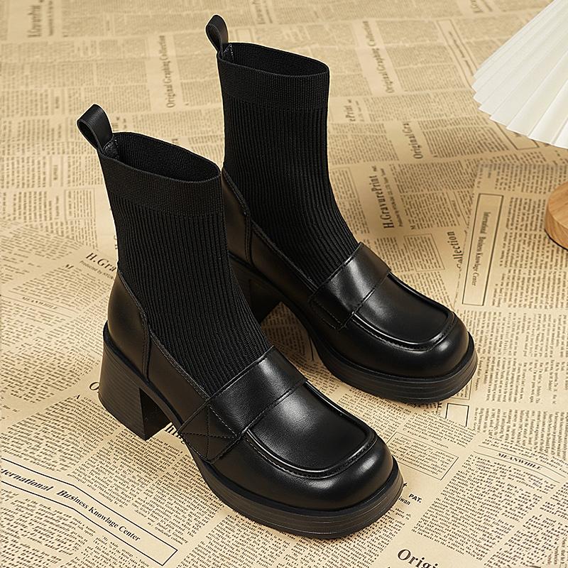 Fashion Women Ankle Boots Splicing Knitting Genuine Leather Thick Heels Shoes Woman Office Lady Working Basic Autumn Winter 2024