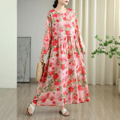 DIMANAF New 2025 Women Plus Size Spring Long Dress Loose Basic Vintage Oversize Long Sleeve Maxi Floral