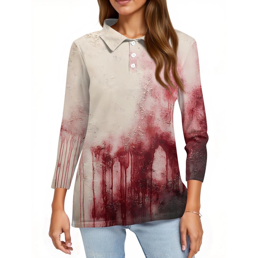 Women's Fashion Casual Lapel Short 3/4 Sleeve Halloween Print Shirt Women's Button Up Tops